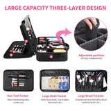 Travel Makeup Bag, Makeup organizer Train Case 3 Layer Waterproof Large Capacity with Shoulder Strap, Portable Makeup Box Storage Organizer with Removable Dividers for Brushes Accessories Daily Use.