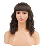 Bob Curly Wig Synthetic Short Black Wig with Bangs Natural Looking Heat Resistant Fiber Hair for Women (Brown)