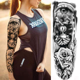 11 Sheets NEZAR Sexy Big Rose Flower Full Arm Temporary Tattoos For Women Compass Clock Fake Tattoo Sticker Long Large Temporary Tattoo Sleeves Tribal Waterproof Twisted Chain Temp Tatoo Paper Skull