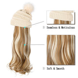 Qlenkay Beanie Hat Knit with Long Wavy Curly Hair Extensions Wig Dismountable Warm Knitted Pom Cap Attached 20inch Synthetic Hairpiece for Women Winter Ginger Blonde Mix Bleach Blonde