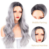 Persephone 2019 Long Grey Synthetic Wig Wavy Glueless Gray Ombre Wigs for Women 2 Tones Heat Resistant Hair with Middle Parting 22 Inches