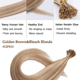 SEGO Pre Bonded Keratin Stick/I Tip Remy Human Hair Extension Cold Fusion Hair Piece for Women Smooth Straight 100 Strands/pack #12P613 Golden Brown&Bleach Blonde 16 inches 50g
