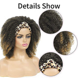 Headband Wig for Black Women Short Curly Afro Wigs Head Wrap Wig 2 in 1 Afro Synthetic Curly Wigs with Headband Leopard Headwrap Wigs Synthetic Hair Mixed Honey Blonde T27 Kinky Curly Scarf Wigs