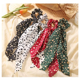 Blufly Ribbon Hair Scrunchies Polka Dot Long Boho Headband Ponytail Holders Chiffon Hair Scarf Head Tie for Women and Girls (Pack of 4)