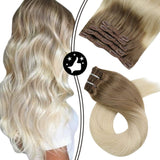 Hair Extensions Clip in Human Hair Moresoo 16 Inch Remy Hair Extensions Color 6 Brown Fading to 613 Blonde Clip ins Human Hair Clips Extensions Full Head Hair 7PCS 100G