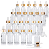 1 oz / 30 ml Clear Glass Boston Round Bottle with Gold Metal and Glass Dropper (24 pack) + Funnel
