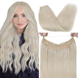 VeSunny 20inch Platinum Blonde Halo Hair Extensions Human Hair Invisible Wire Hair Extensions Remy Hair Adjustable Double Weft Hair Extensions Clip in Halo Platinum Blonde 100g