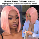 Colored Bob Wigs Human Hair Middle Part Brazilian Virgin Real Hair Wigs 180% Density None Lace Frontal Machine Made Wigs No Glue No Gel Human Hair Bob Wig Silky Straight Peach Pink 14 Inch