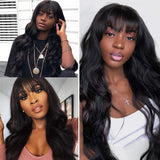 Body Wave Wigs With Bangs 100% Brazilian None Lace Front Wigs 150% Density Full Machine Made Long Wavy Human Hair Wigs Natural Black (16")