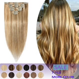 100% Human Hair Clip in Hair Extensions Highlight #12/613 Golden Brown Mix Bleach Blonde 18 Inch Long Straight 7pcs 15 Clips Balayage Clip on Thin Hairpiece 70g Machine Weft Silky Hair for Women