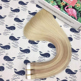 HIKYUU 18inch 40g/20pcs Invisible Seamless Skin Weft Tape in Balayage Hair Extensions Human Hair Nordic Honey Blonde Ombre to Blonde Highlights with Blonde