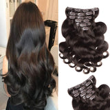 18" FAAAL Clip in Human Hair Extensions Full Head 150g 7 Pieces 16 Clips #2 Dark Brown Double Weft Brazilian Real Remy Hair Extensions Thick Body Wave (18" 150g, Dark Brown)