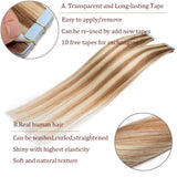 20 PCS Rooted Tape In Hair Extensions Human Hair Invisible Seamless Skin Weft Long Straight Highlight Double Side Tape Hair Extensions For Women (20'',50g/20pcs,#12P613 Golden Brown&Bleach Blonde)