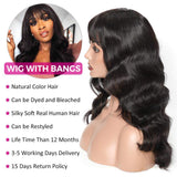 Body Wave Wigs With Bangs 100% Brazilian None Lace Front Wigs 150% Density Full Machine Made Long Wavy Human Hair Wigs Natural Black (16")