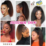 LEOSA Natural Black Yaki Straight Drawstring Ponytail Short Hair for Women Ponytail Synthetic Hair Extensions 14 inch
