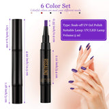 6 Pieces Nail Polish Pen 5 ml One Step Nail Gel Pen 3 in 1 Soak Off UV LED Nail Varnish Nail Art Tools, No Base and Top Coat Needed for Women Girls (Rose Gold, Red, Black, Purple, White, Gray)