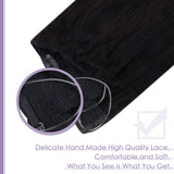 LaaVoo Remy Halo Hair Extensions Real Human Hair Black Halo Wire Hair Extensions Straight Color #1b Off Black Invisible Halo on Natural Hair Extensions with Fish Line One Piece Double Weft 80g 18"