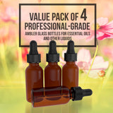 4 Pack Essential Oil Bottles - Round Boston Empty Refillable Amber Bottle with Glass Dropper [ Free Stainless Steel Funnel ] for Liquid Aromatherapy Fragrance Lot - (1/3 oz) 10ml