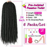 Pre-looped Bomb Twist Passion Twist Crochet Braids Hair Pre-looped Crochet Hair Spring Twist Braiding Hair Synthetic Hair Extension 6pcs 24 inch 1B