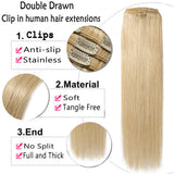 16 inch 90g Clip in Hair Extensions Human Hair 100% Double Drawn Human Hair Extensions 8 Pieces Thick To The End #613 Bleach Blonde