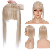 S-noilite Mono Base Topper Hair Piece Clip in Balayage Human Hair with Bangs for Women Top Crown Hair Extensions Clip in Toupee for Slight Hair Loss/Thinning Hair 14"(#18/613 Ash Blonde/Bleach Blonde)