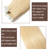 40pcs Thick Tape in Hair Extensions Human Hair 100g Tape in Remy Hair Bleach Blonde 18 inch for Women Seamless Rooted Tape ins Highlighted Long Straight Hair Invisible Double Sided Tape on #613