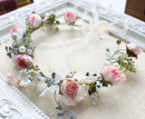Boho Flower Crown Hair Wreath Floral Garland Headband Halo Headpiece with Ribbon Wedding Festival Party