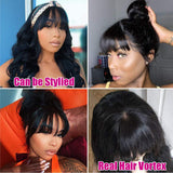 Body Wave Wigs With Bangs 100% Brazilian None Lace Front Wigs 150% Density Full Machine Made Long Wavy Human Hair Wigs Natural Black (16")