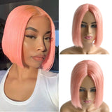 Colored Bob Wigs Human Hair Middle Part Brazilian Virgin Real Hair Wigs 180% Density None Lace Frontal Machine Made Wigs No Glue No Gel Human Hair Bob Wig Silky Straight Peach Pink 14 Inch