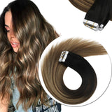 Sunny Tape in Human Hair 18 inch Balayage Tape in Hair Extensions Tape in Real Remy Human Hair Off Black Ombre to Dark Brown and Strawberry Blonde 50 Grams 20Pcs