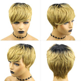 Yviann Pixie Cut Human Hair Wigs with Bangs Ombre Blonde Color Wigs Cute Short Blonde Layered Wavy Wigs for Women 1B/27 Color