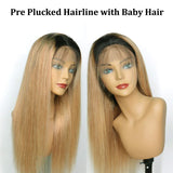 1B/27 Human Hair Lace Front Wigs Straight Brazilian Human Hair 4x4 Lace Closure Wigs Pre Plucked Hairline with Baby Hair Glueless 150% Density Real Remy Hair Lace Frontal Wig Dark Roots Bleached Knots