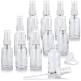 1 oz / 30 ml Clear Glass Boston Round White Treatment Pump Bottle (12 Pack) + Funnel for Cosmetics, serums, Essential Oils, Aromatherapy, Food Grade, bpa Free