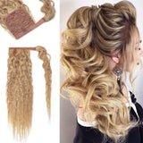 20 Inches Wrap Around Human Hair Ponytail Extensions 100% Remy Human Hair Long Corn Wave Curly With Comb Clip in One Piece Pony Tail Extensions For Lady Women #18P613 Ash Blonde&Bleach Blonde 20'' 95g