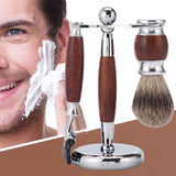 Men's Wood Shaving Set, Wet Grooming Shaving Set with Rosewood 5 Layer Razor, Wood Brush and Stainless Steel Stand, Perfect Gift for Boyfrien and Father