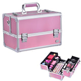 Joligrace Makeup Box Train Case - Professional 13.5 Inch Portable Aluminum Cosmetic Organizer Storage Box with 4 Adjustable Dividers Trays, 2 Locks and Shoulder Strap - Holographic Pink