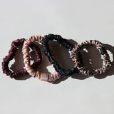 Slip Scrunchie Bauble, Four Skinny Scrunchies - Rose gold, Black, Plum, Rose Leopard - Slipsilk Pure Mulberry 22 Momme Silk Hair Ties, Designed to be Gentle & Avoid Hair Crease (4 Scrunchies)