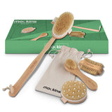 Mockins Natural Boar Bristle Body Brush Set with Detachable Cellulite Massage Brush and Long Wooden Handle for Dry Brushing Perfect Kit to Exfoliate and Get Rid of Cellulite - Gift Set