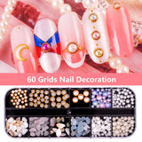 VoiceFly 60 Grids 3D Nail Art Supply Decorations Studs, Nail Micro Caviar Beads Gold Charms, Irregular Seashell Slices Metal Nail Chain Jewels Heart Rivet Pearl Gems for Fingernails & Toenails Decor
