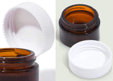 0.50 oz / 15 ml Amber Glass Heavy Base Thick Wall Professional Balm Jars with Smooth White Lid (6 Pack) + Spatulas