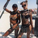 Crysly Punk PU Leather Bra Chest Chain Harness Red Waist Chain Body Chain Ring Belt for Women and Girls