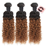 8A Grade Brazilian Curly Hair Weave 3 Bundles (14 14 14,300g) Brazilian Virgin Kinky Curly Human Hair Weave 8A 100% Unprocessed Hair Weft Extensions Ombre 2 Tone 1B/30 Color