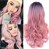 Ombre Pink Wigs Middle Part Long Synthetic Hair Wigs Dark Roots 2 Tones No Bangs for Women Girl Festival, Party, Cosplay(Black to Pink)