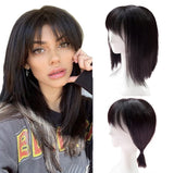 14" Hair Toppers with Bangs Hair Extension Clip in Top Crown Hairpieces for Thinning Hair (Dark Brown, Thin)