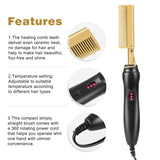 Gold Plated Heated Styling Comb Electric Hot Straightening Heat Pressing Comb Ceramic Curling Flat Iron Curler Designed Hair Straightener Curling Iron for Natural Black Hair,Wigs,Beards (Gold)