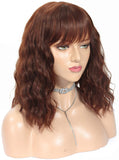 Lizzy Short Brown Wavy Wigs with Bangs for Women Natural Looking 14" Short Curly Bob Wig Heat Resist Synthetic Curly Wavy Wig