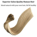 Clip in Human Hair Extensions 70g 7pcs Silky Straight Highlight Blonde Remy Human Hair Extension 18 Inch 27/613 Strawberry Blonde to Bleach Blonde