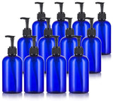 Cobalt Blue 8 oz Boston Round PET Plastic Bottles (BPA Free) with Black Lotion Pump (12 pack)
