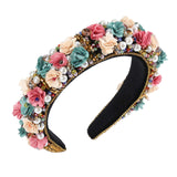 Padded Velvet Flower Rhinestone Headband - Crystal Baroque Padded Hairband with Flowers Embellished Hair Hoop Race Goth Wedding Party Headpiece (Colorful+Gold)