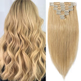 S-noilite Clip in Human Hair Extensions Clip in Blonde Hair Full Head 8 Pieces/Set Long length Straight Very Soft Style Real Silky for Beauty 18 Inch 100g (#27 Dark Blonde)